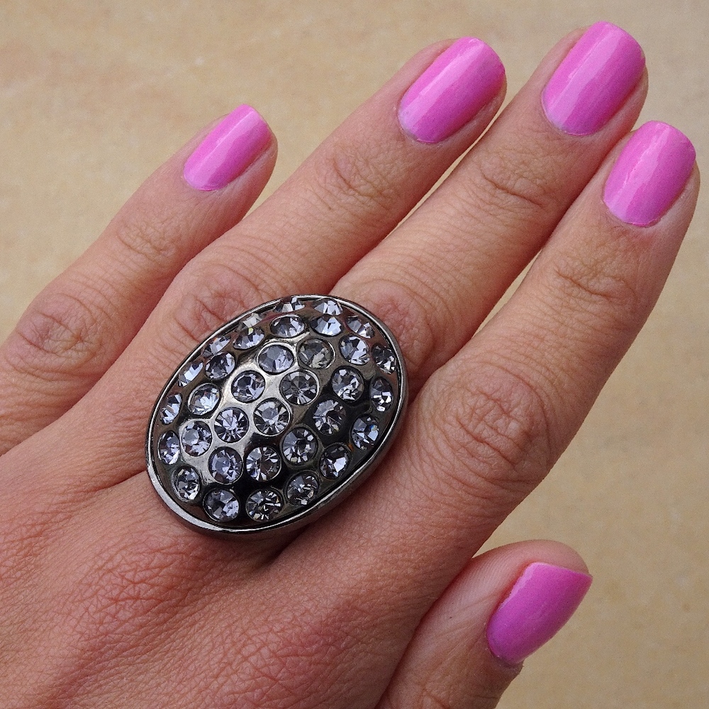 Oval Gunmetal & Light Purple Crystal Big Statement Ring Size 7